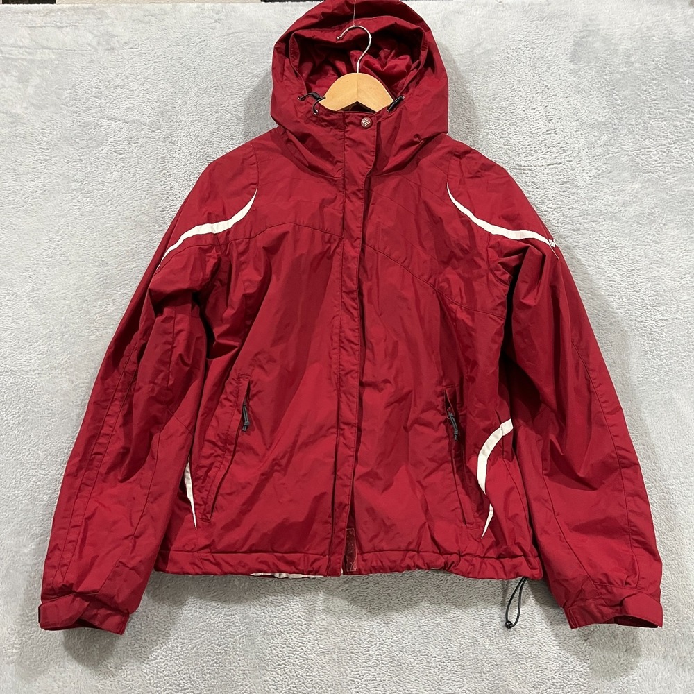 Columbia Jacket Womens Medium Coat Red White Full Zip Hood Winter‎ Ski